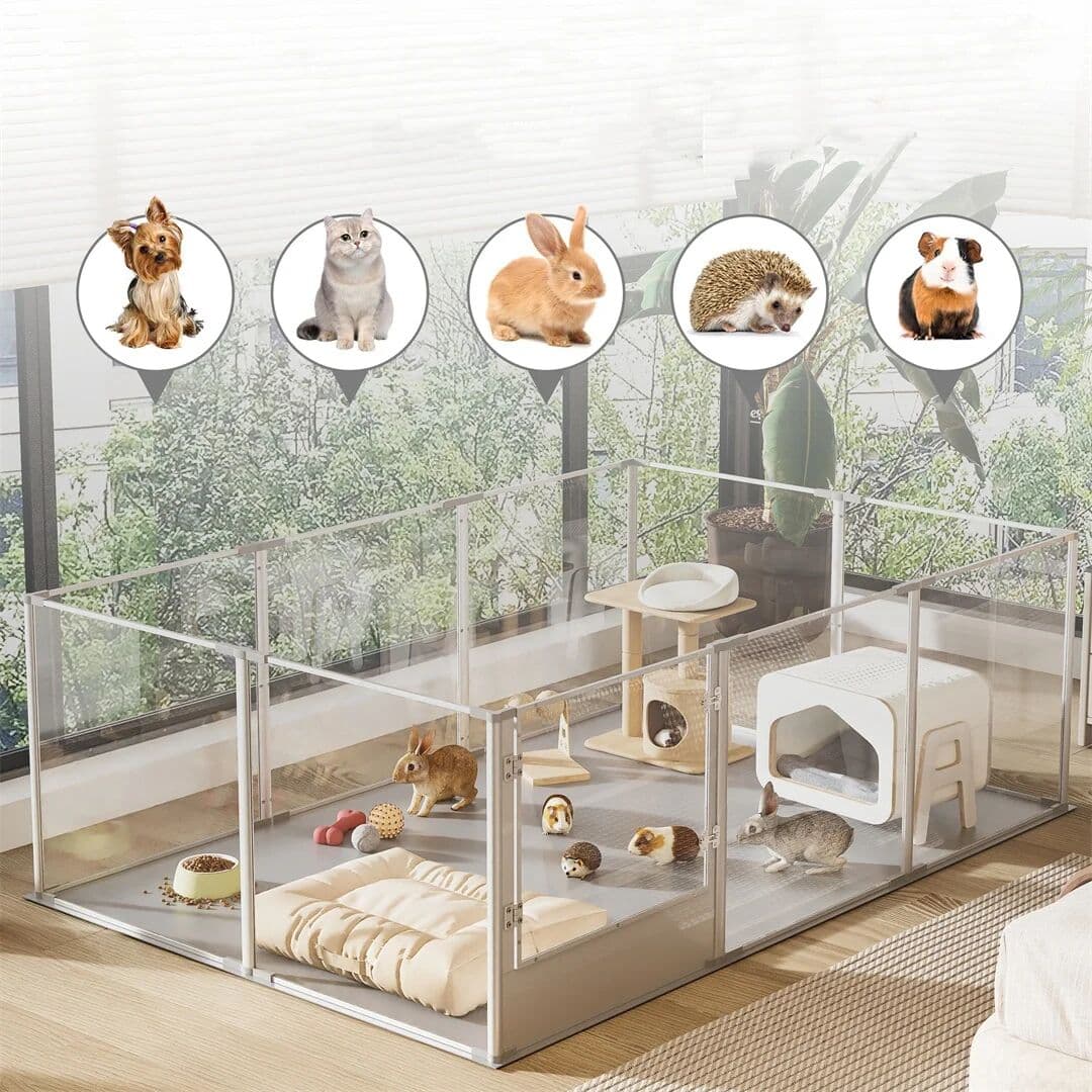 BINGOPAW 180cm Exlarge Indoor Pet Whelping Pen Clear Acrylic Dog Playpen Fence 10 Pennels Guinea Rabbit Kennel Cage with Waterproof Pad