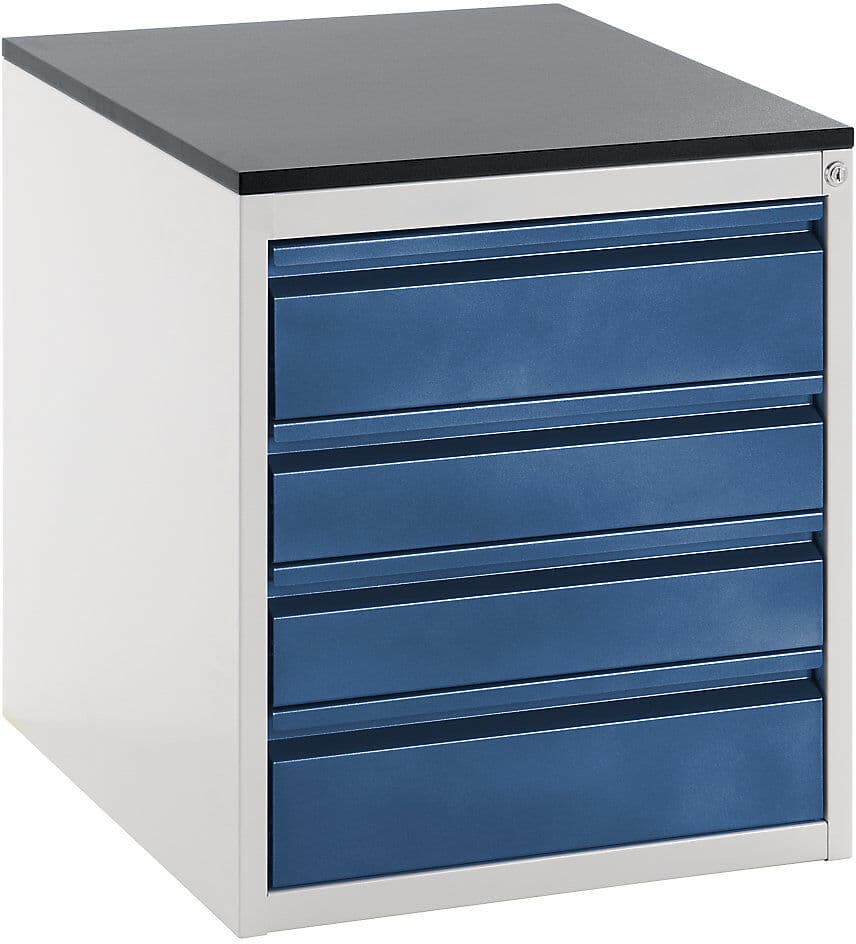 Schubladenschrank mit Teleskopführungen, Höhe 640 mm, Schubladen 2 x 120, 2 x 150 mm, lichtgrau / enzianblau, Breite 580 mm RAU