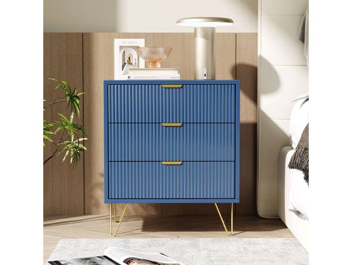 Jookgbd-table De Nuit 60x40x70 Cm\,commode Avec 3 Tiroirs Et Pieds Dorés\,table De Chevet Moderne Avec Motif Vertical\,commode De Chambre À Coucher Pour Salon Et Chambre\,bleu Marine