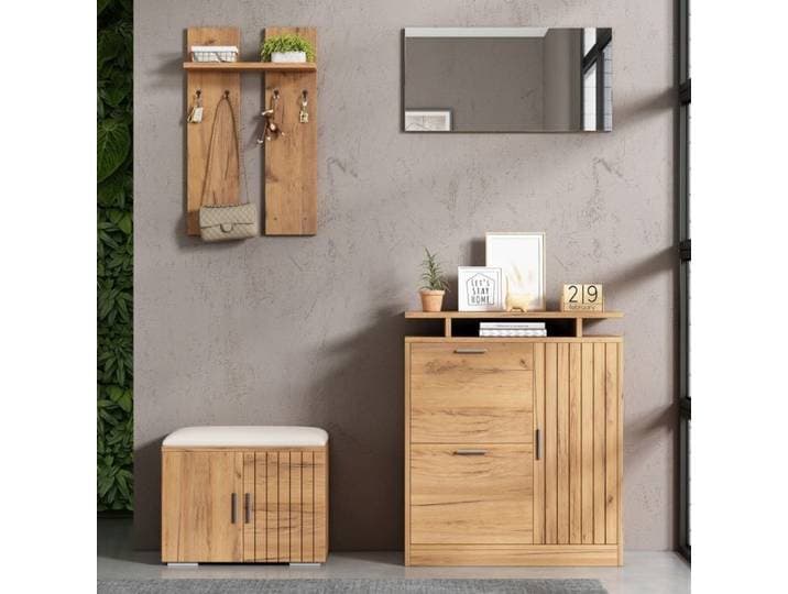Ensemble entrée: porte-manteau mural banc à chaussures meuble à chaussures miroir 4 patères 5 portes naturelle 140x35x133cm