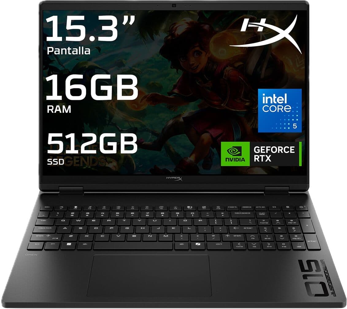 HP Portátil Gaming HyperX OMEN 15-ga0020ns, Intel Core 5 210H, 16GB, 512GB SSD, Nvidia GeForce RTX 5060 8GB, 15,3", W11. Negro
