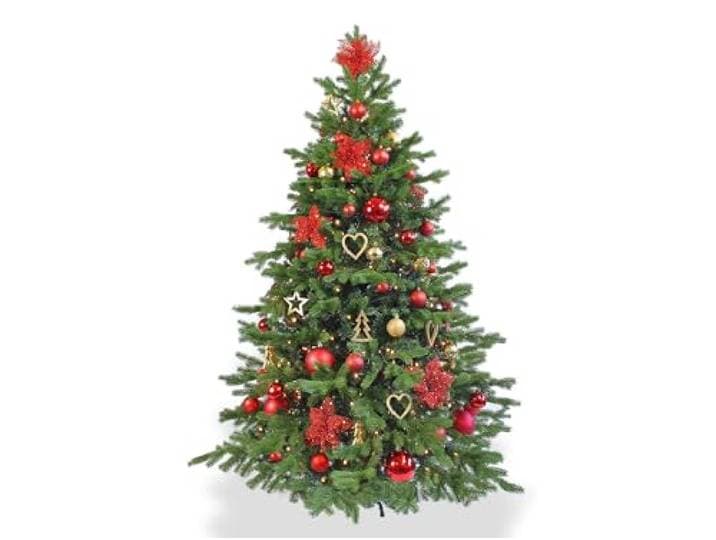 LAALU Künstlicher Weihnachtsbaum 270 cm – WEIHNACHTSSTERNE – geschmückt mit 136 Weihnachtsbaumschmuck – inkl. Metallständer und Aufbewahrungsbox