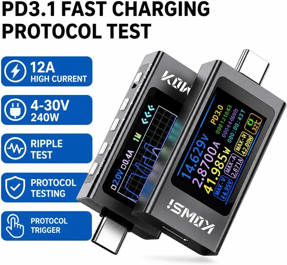 Gaqqee KWS-X1 Type C Tester DC Voltmeter Ammeter Type-C Fast Charge Detection Trigger Capacity Measurement Ripple Measurement 4V-30V