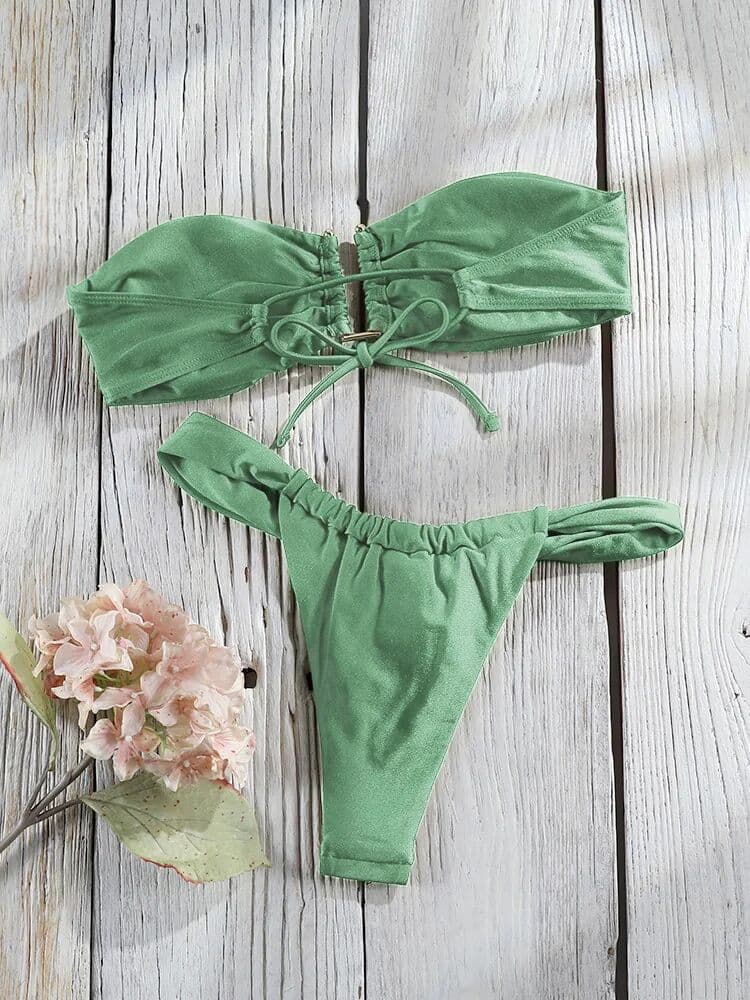 Micendy Bandeau Bikini Set Pleated Swimwear Women Solid Color Swimsuit Patchwork Bathing Suit Thongs Biquini Mujer Swimmwear Wear Beach