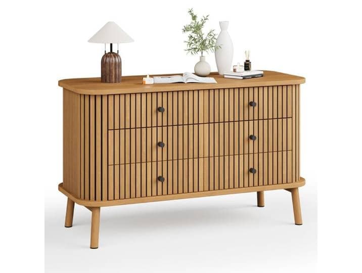 Koioplie Commode horizontale 47  (120 cm) à 6 tiroirs - Style moderne mi-siècle - Poignées noires pieds en bois finition chêne