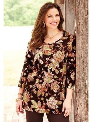 Plus Size Women's Easy Fit 3/4-Sleeve Scoopneck Tunic by Catherines in Coffee Bean Floral (Size 2XWP)