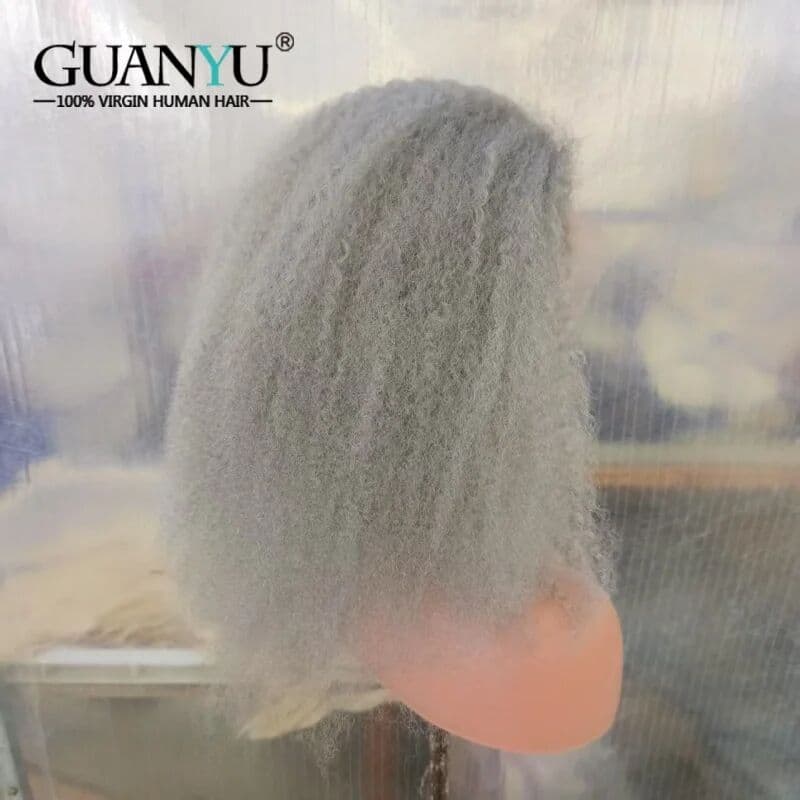 NONE Gray Afro Kinky Curly Lace Front Wig Human Hair Silver Grey Wigs for Women 13X4 Glueless Lace Frontal Closure Wig Pre Plucked