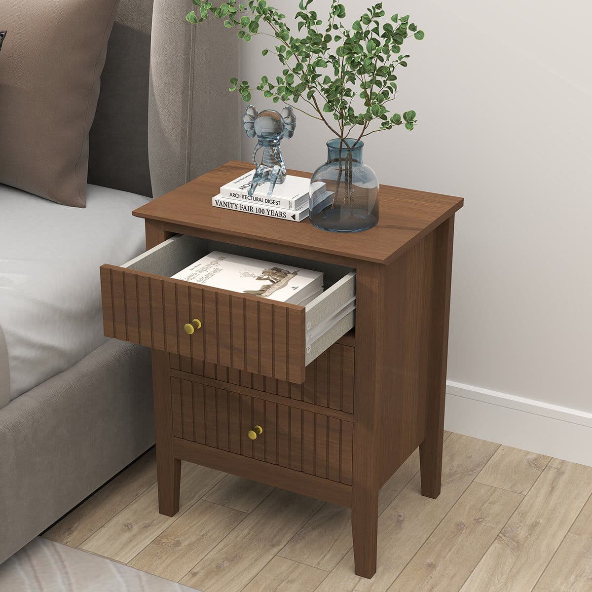 Pair of 3 Drawer Bedside Tables - Hales Dark Wood Range Manufactured Wood, Metal