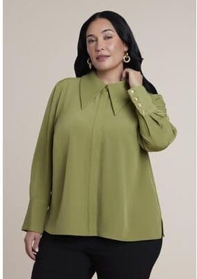 Plus Size Women's Pointed Collar Button Up Shirt by ELOQUII in Moss Green (Size 16)