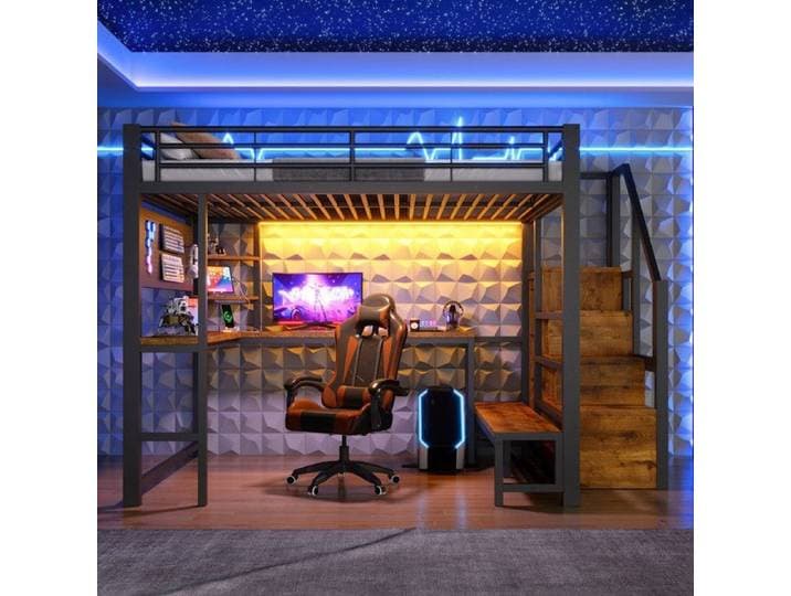 Lit mezzanine lit enfant 140×200 cm avec bureau ports USB et USB-C panneau perforé étagères éclairage LED sans matelas noir