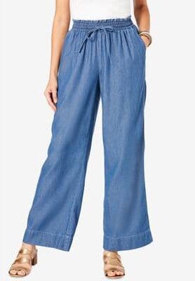 Plus Size Women's Plus Size Pull On Wide Leg Chambray Pant by Denim 24/7 by Roamans in Light Stonewash (Size 30 W)