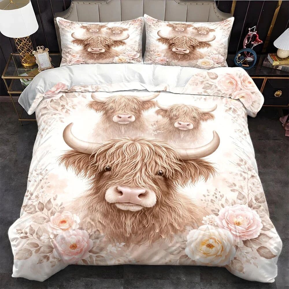 NONE 3Pc Pastoral Style Floral Highland Cow Quilt Cover Set, Bedding Three-Piece Set (1*Quilt Cover + 2*Pillowcases), Suitable for All Seasons, Machine Washable, Invisible Zipper Double Bed Cover, Suitable