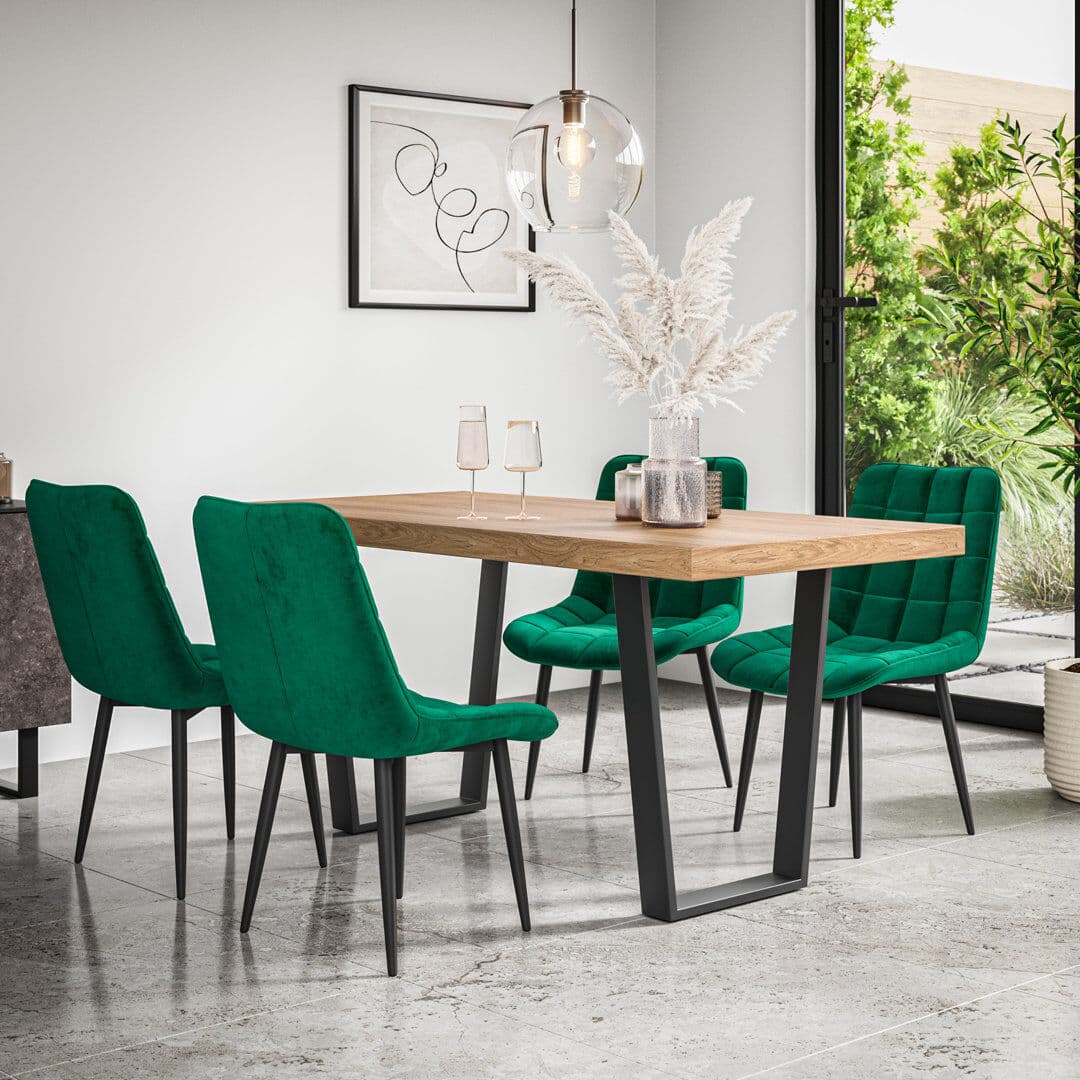 George Oliver Wapella Modern Dining Set And Black Metal Legs with Nova Velvet Chairs Set Oak/Black/Green 4