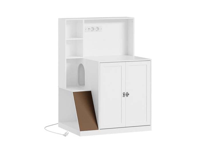 SoBuy Katzenhaus mit integrierter Steckdosenleiste und Kratzfläche Hat10-E-W, Weiß, Holzwerkstoff, Uni, 4 Fächer, Rechteckig,Rechteckig, 60x116.5x80 cm, Kleinmöbel, Kommoden, Sideboards
