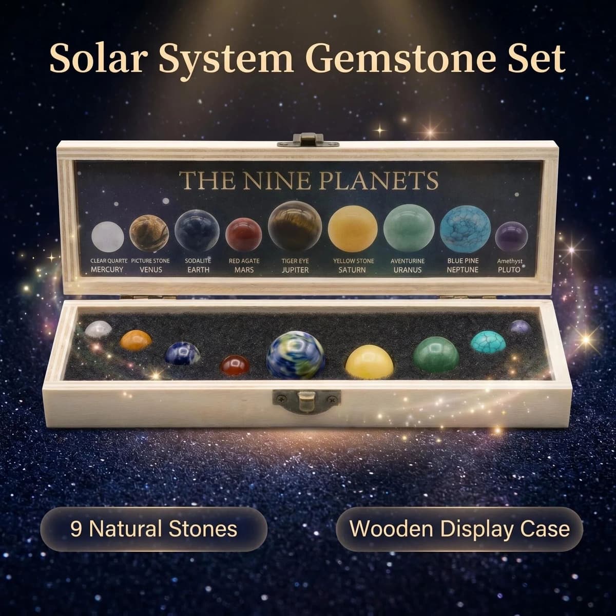 NONE Natural Stone Ball Nine Planet Wooden Box Set Natural Stone Label Solar System Planet Set Gift Box