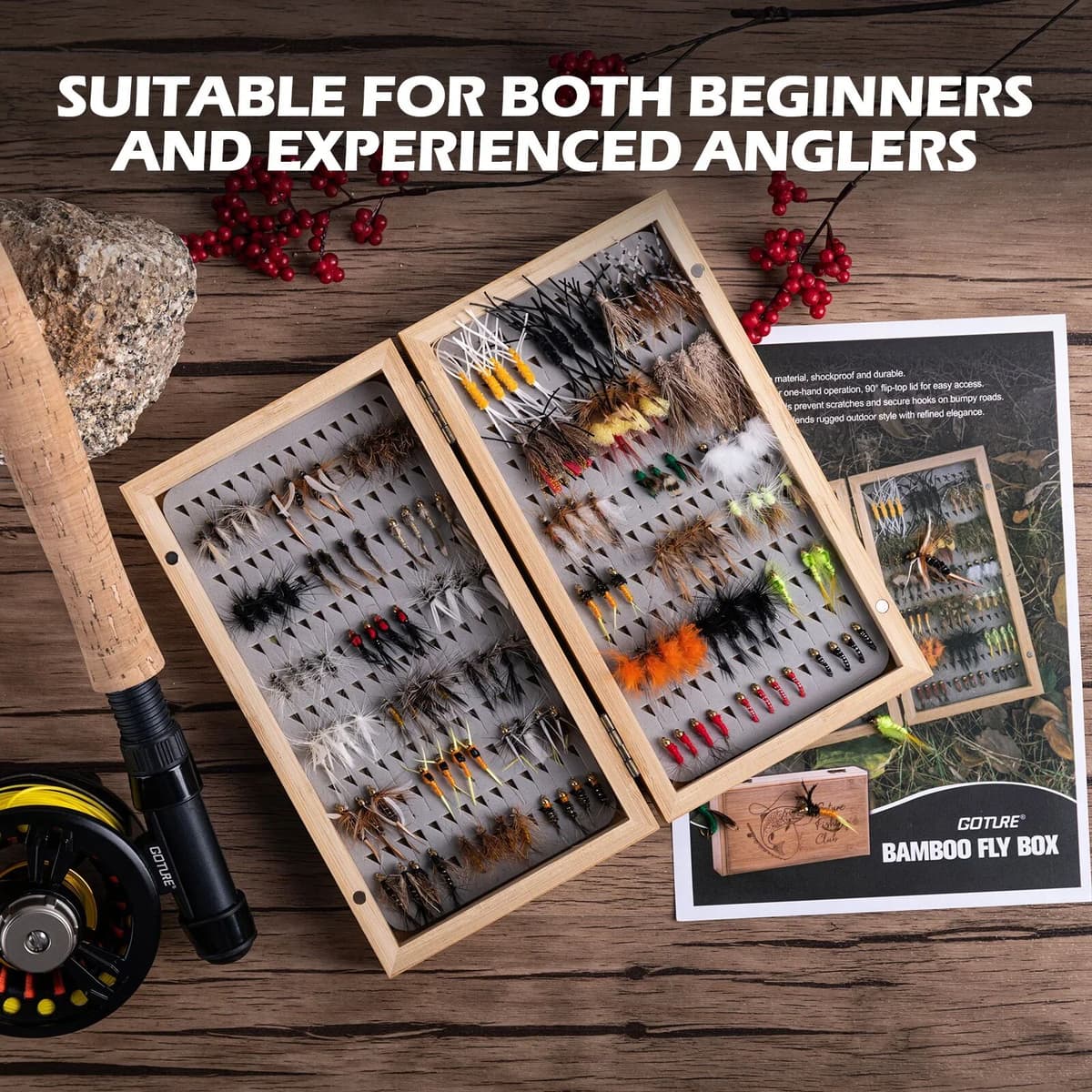 Goture 24/144pcs Fly Fishing Flies Assortment Kit Bamboo Box Handmade Bionic Flies for Trout Bass Dry Wet Nymph Flies Tackle