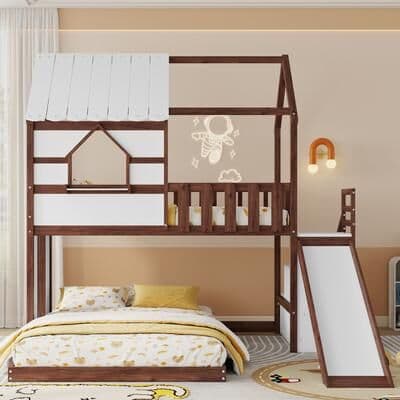 Twin Over Full Kids House Shaped Wooden Bunk Bed Frame