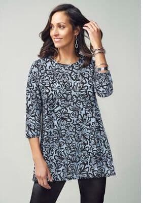 Plus Size Women's Stretch Knit Swing Tunic by Jessica London in Azure Mist Stencil (Size 12) Long Loose 3/4 Sleeve Shirt