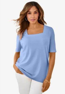 Plus Size Women's Stretch Cotton Square Neck Tee by Jessica London in French Blue (Size 22/24) Short Sleeve T-Shirt