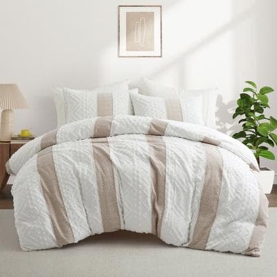 Peace Nest 3-Piece Boho Textured Duvet Cover Set, Lightweight Geometric Stripe Bedding Set with Zipper Closure & Corner Ties