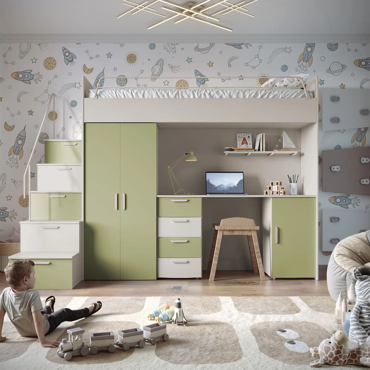 garneroarredamenti Cameretta 254x120cm 1 letto soppalco cashmere verde Simone