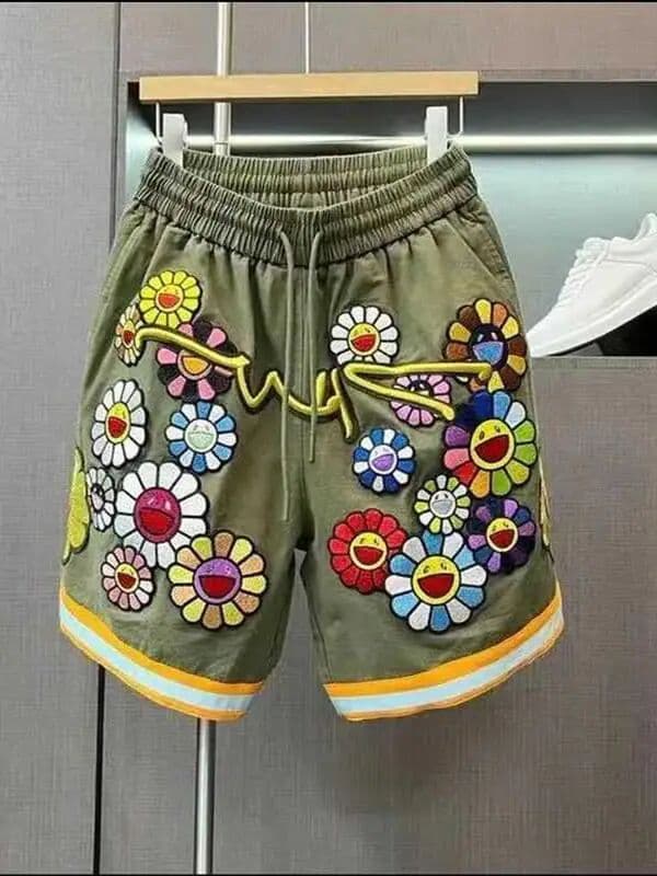 others Summer  Embroidered Gold Thread Sunflower Casual Shorts Men's Trendy Loose Workwear Sport Pants Drawstring Five-Quar...