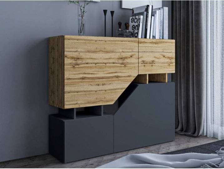 Pitt - buffet haut - 4 portes - 120 cm - Bois / Gris