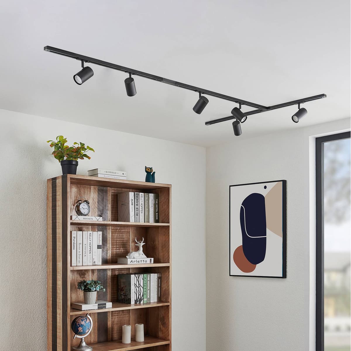 Lindby skinnesystem Linaro, GU10, 6 lyskilder, sort, T-form Linaro Lindby, dæmpbar, Sort, Gangområde, Metal, Moderne, Flerhovedet loftbelysning