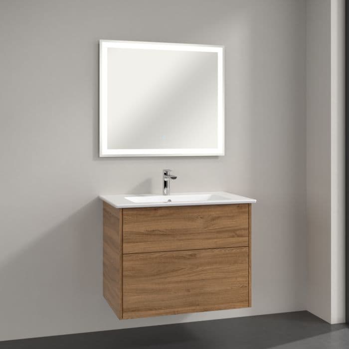 Villeroy und Boch Villeroy & Boch Finero Badmöbel Set 80 cm Kansas Oak Waschtisch mit Waschtischunterschrank und Spiegel