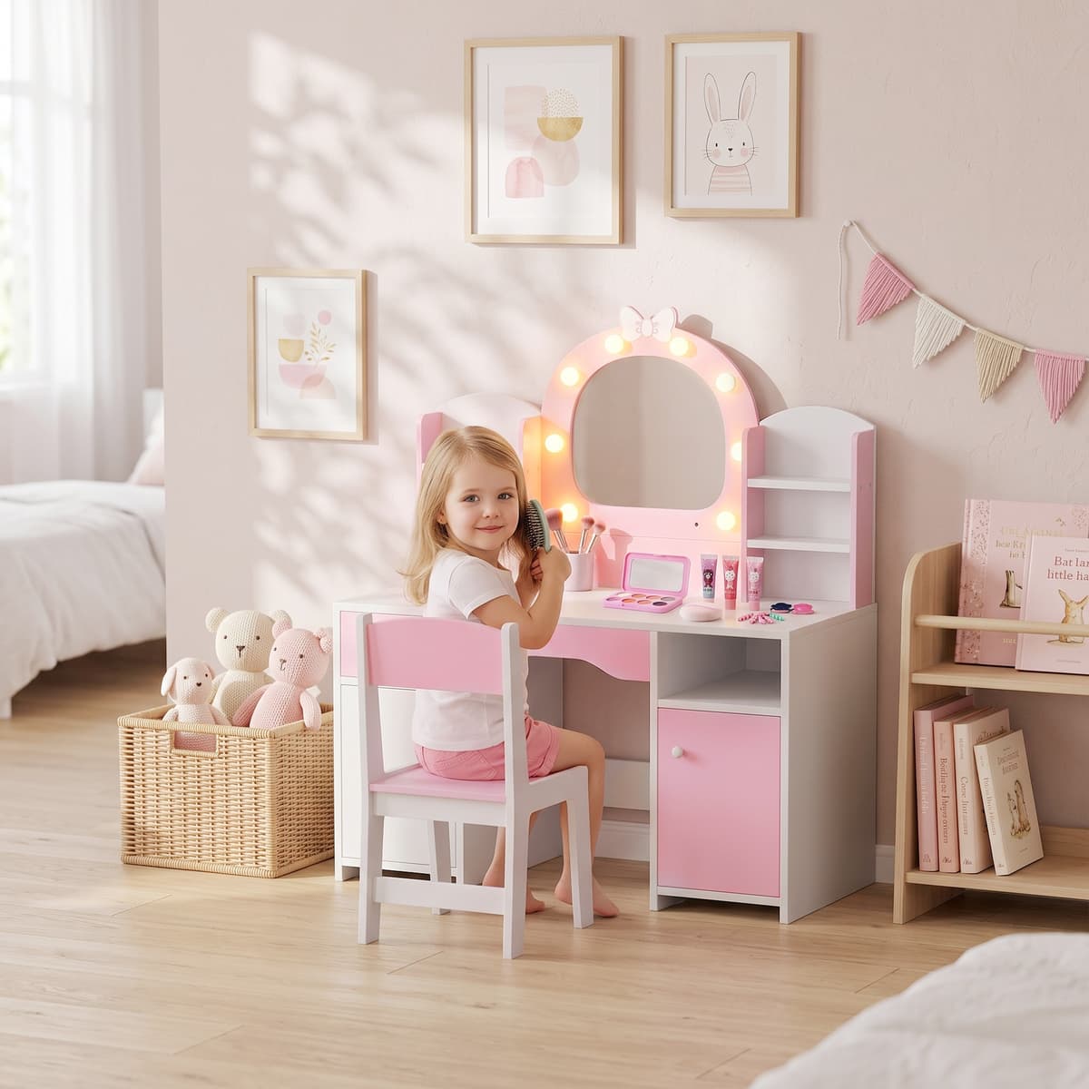 Aiyaplay Set Toeletta Trucco Bambina 2 in 1 con Sgabello e Specchio, Luci a 2 Colori, Cassetto, Ripiani, Rosa   Aosom Italy