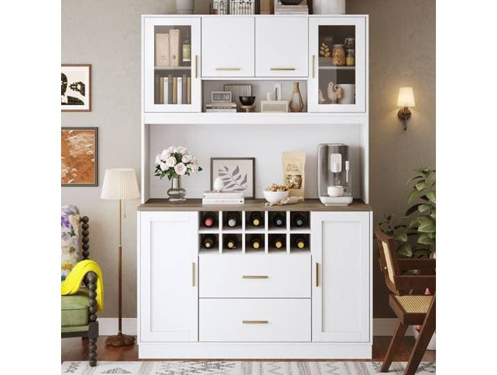 Armoire de cuisine avec éclairage LED et prise 6 portes 2 tiroirs adaptée pour salon meuble de rangement 120x36.3x180cm Blanc