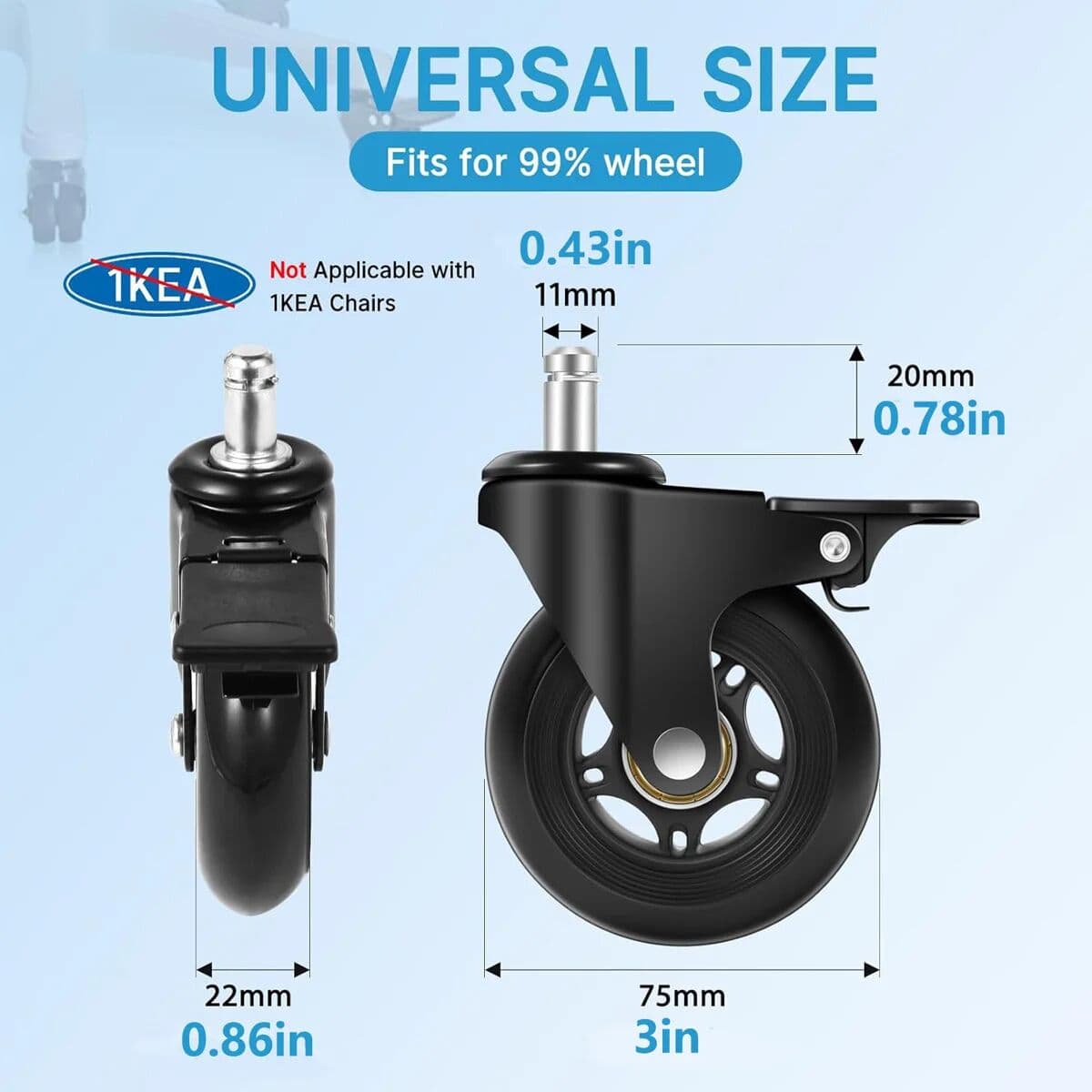 NONE Office Chair Caster Wheels Set of 5 for Tile, Hardwood Floors and Carpets, Universal Fit for Most Chairs (Black with Brake)