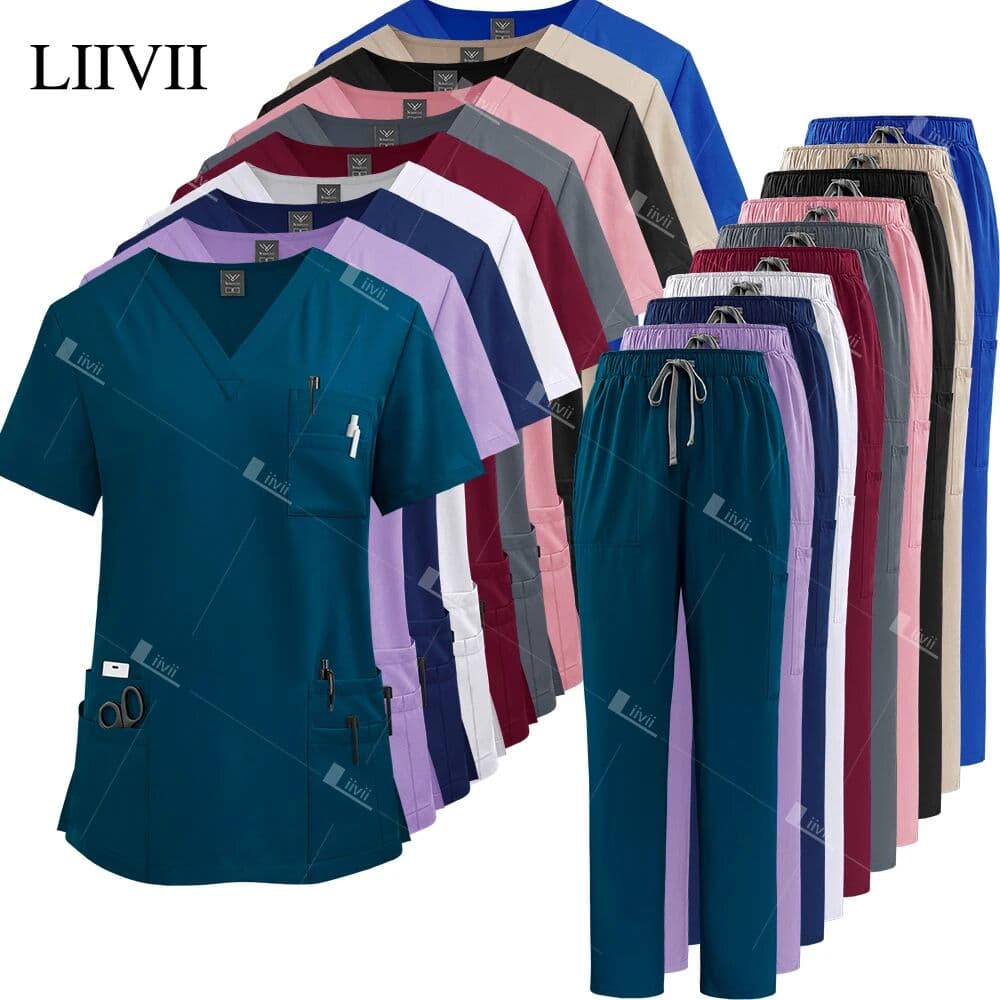 HTTHDD Nurse Uniforms Elasticity Tops Pants Woman Man Scrubs Set Straight Trousers Dental Hospital Clinic Workwear Medical Uniforms