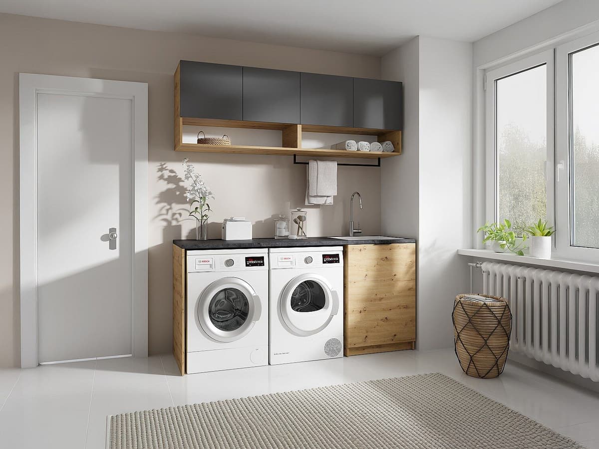 Vente-unique Wasmeubels voor wasmachine met werkblad - L182 cm - Antraciet en licht naturel - NATAJI