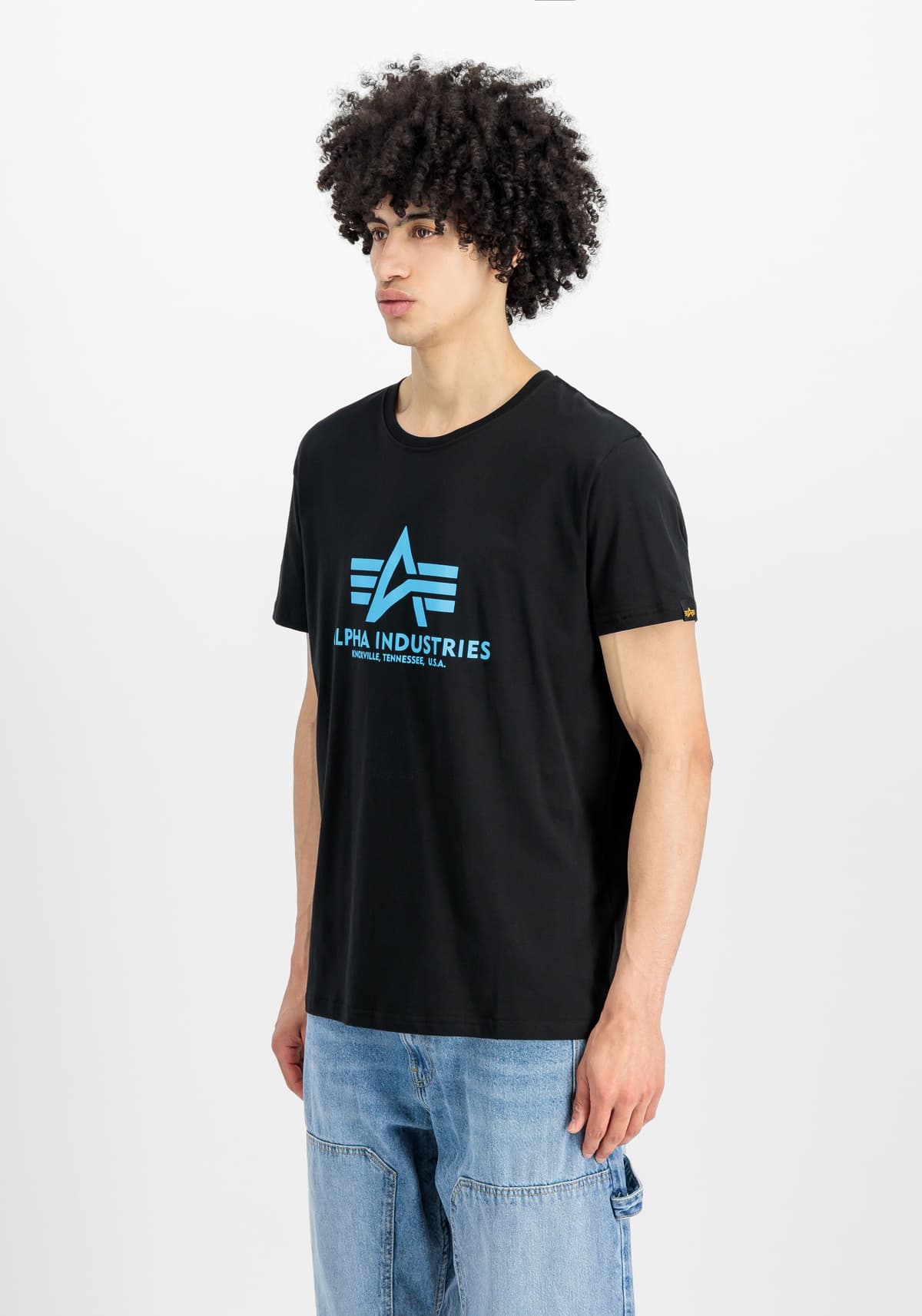 T-Shirt ALPHA INDUSTRIES "Basic T-Shirt", Herren, Gr. XL, schwarz (schwarz, blau), Single Jersey, Obermaterial: 100% Baumwolle, bedruckt, regular fit normal, Rundhals, normaler Saum, Shirts T-Shirt, Baumwolle, regular fit schwarz, blau XL