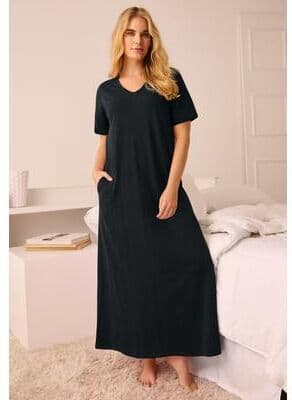 Plus Size Women's V-Neck Short Sleeve Maxi T-Shirt Lounger by Dreams & Co. in Black (Size M)