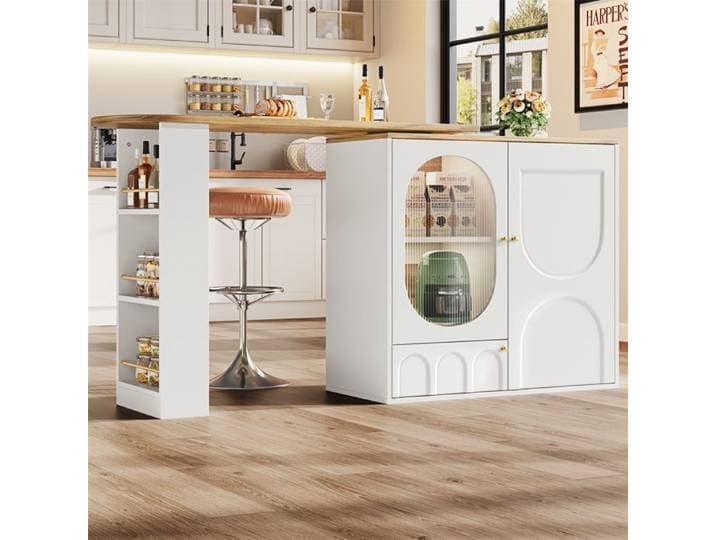 Table bar îlot de cuisine tournante 360° 138 cm 3 portes à étagères cloisons amovibles – Meuble bar café table haute pivotante