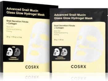Cosrx Advanced Snail Mucin Glass Glow Hydrogel Mask Máscara revitalizante de hidrogel com extrato de caracol para unificar a cor do tom de pele 3 un.. Advanced Snail Mucin Glass Glow Hydrogel Mask