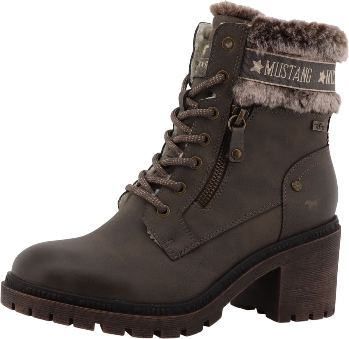Winterstiefelette MUSTANG SHOES "Leila", Damen, Gr. 39, Warmfutter, braun (lavabraun), Lederimitat, Textil, Schuhe Winterstiefelette, Winterstiefel mit Kunstfellkragen und Blockabsatz
