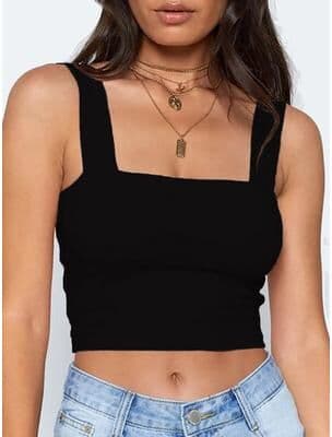 Discount Dollar Deals Square Neck Sleeveless Summer Crop Top, White Women Black Casual T Shirt, Off Shoulder Cami Sexy Backless Tank Top l black