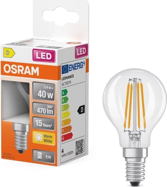 Osram Retro Led Kronepære Klar E14, 3.4w=40w
