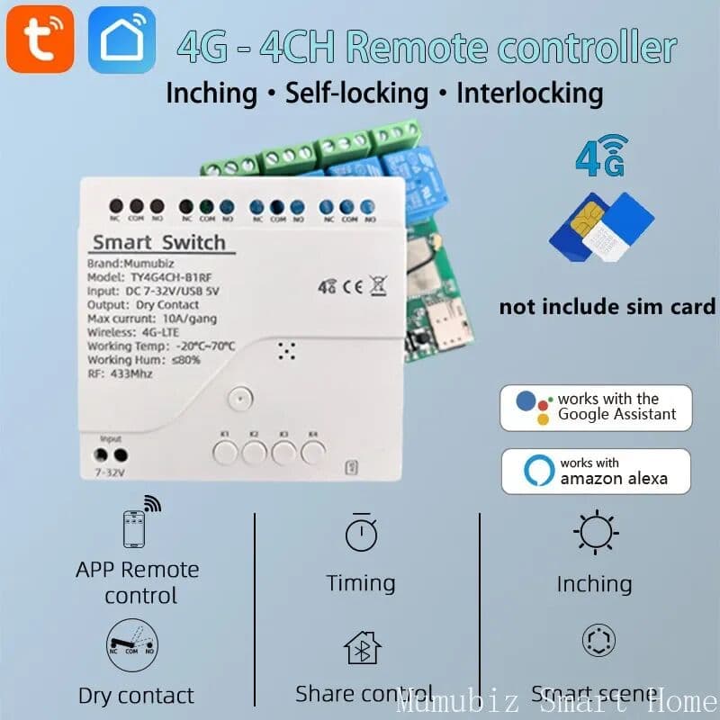 mumubiz Tuya Smart 4G LTE Relay with RF 433Mhz Smart GSM Switch APP Wireless Control Work WIth Alexa Alice Google Assistant