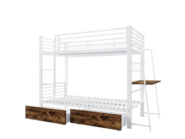COVREO Lit superposé blanc mat 90 x 200 cm bureau intégré éclairage LED tiroirs 250 kg par couchage