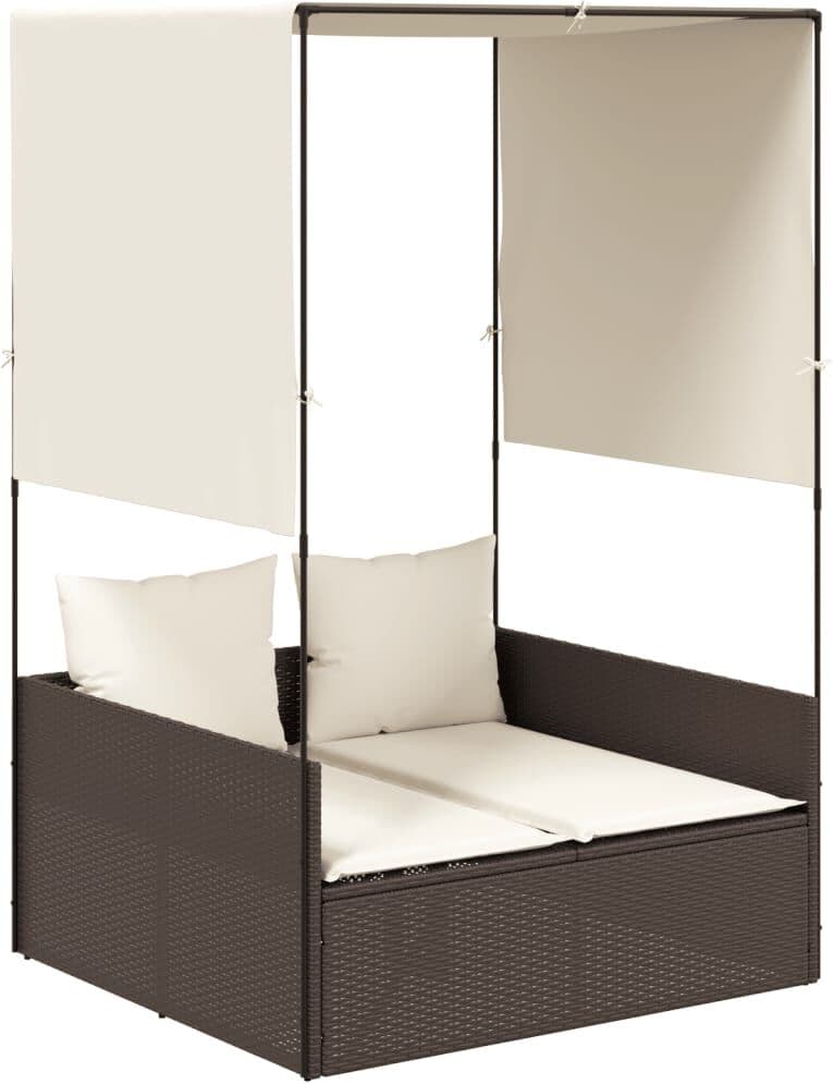 vidaXL Chaise longue double avec toit et rideaux marron résine tressée