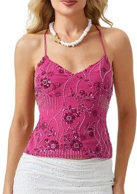 Daily Discovery Sequin Halter Crop Top For Women Pearl Embellished Rhinestone Cami Glitter Tank rose Red m