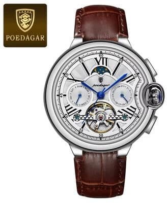 Inspired Finds POEDAGAR Hollow Tourbillon Automatic Mechanical Watch For Men Luxury Stainless Steel Waterproof Wristwatch silver White L