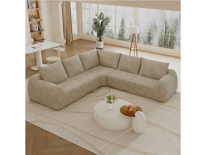 Canapé d'angle compressé 5 places sans montage - BEAUNIV - tissu chenille mousse haute élasticité beige