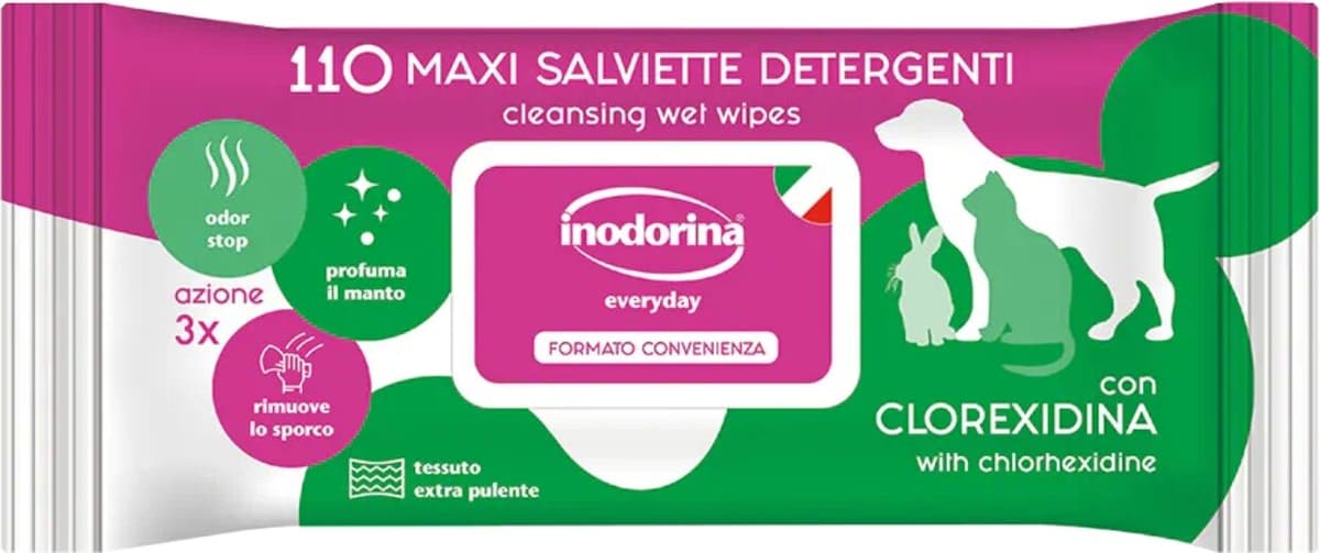 Inodorina Salviette Detergenti Umidificate per Cuccioli Cani e Gatti alla Clorexidina Everyday 110 pz