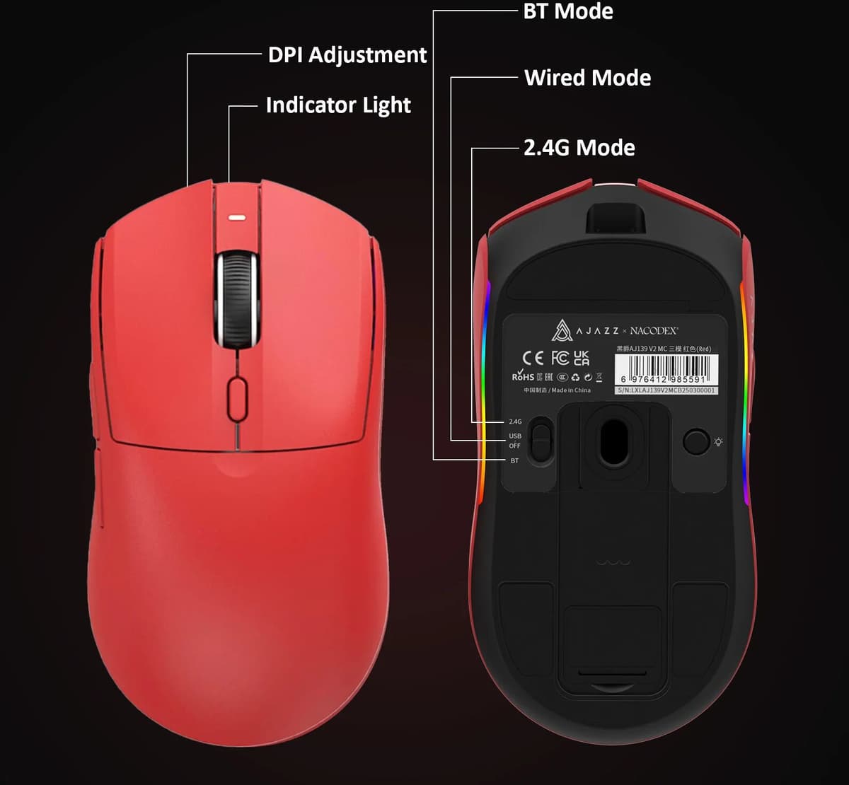 AJAZZ AJ139 V2 MC Wireless Gaming Mouse PAW3311 12000DPI RGB Magnetic Charging Dock Macro Definition Mouse Gamer For Laptop PC