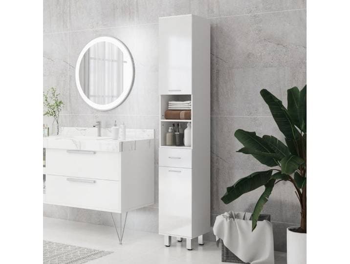 Colonne de Salle de Bain avec 1 Tiroir 2 Niches Ouvertes et Étagères Réglables - LPOSPI - Bois Blanc Brillant 30 × 30 × 180 cm